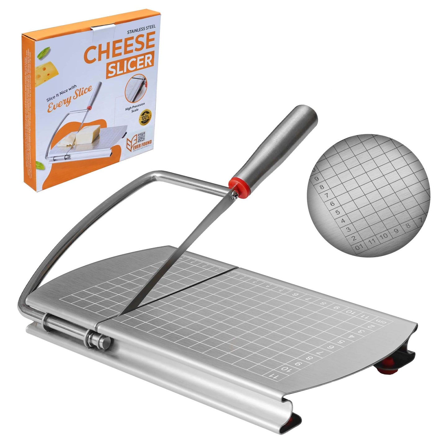 EVER FOUND Stainless Steel Cheese Slicers for Block Cheese Heavy Duty-Multipurpose Cheese Cutter Board with Sharp Knife, Precision Scale and Anti Slip Rubber Pads for cutting Block Cheese & Much More