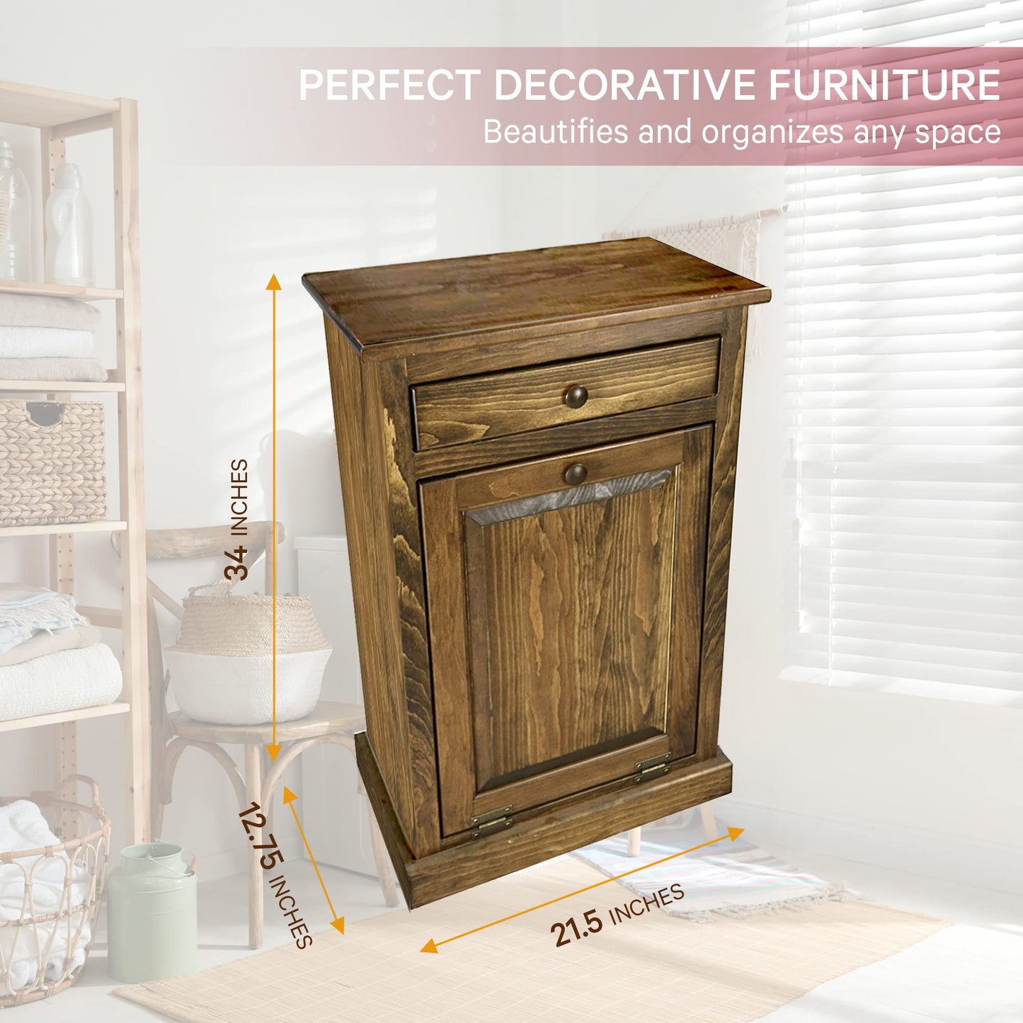 Peaceful Classics Wooden Tilt-Out Trash Bin Cabinet - Handmade Amish Pine Hideaway for Kitchen or Bathroom - Includes Storage Drawer (Special Walnut)