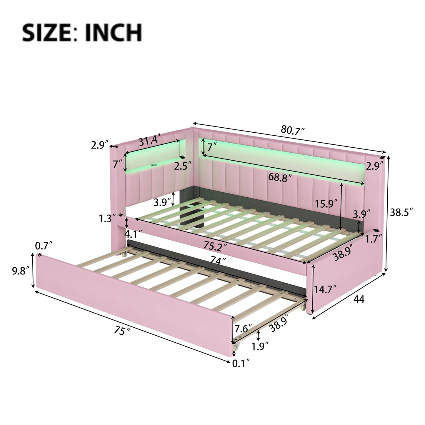 Bellemave Twin Size Upholstered Daybed with Trundle and USB/LED Belt, Corner Bed with Trundle. L-Shape daybed for Bedroom Living Room, Pink（Linen）