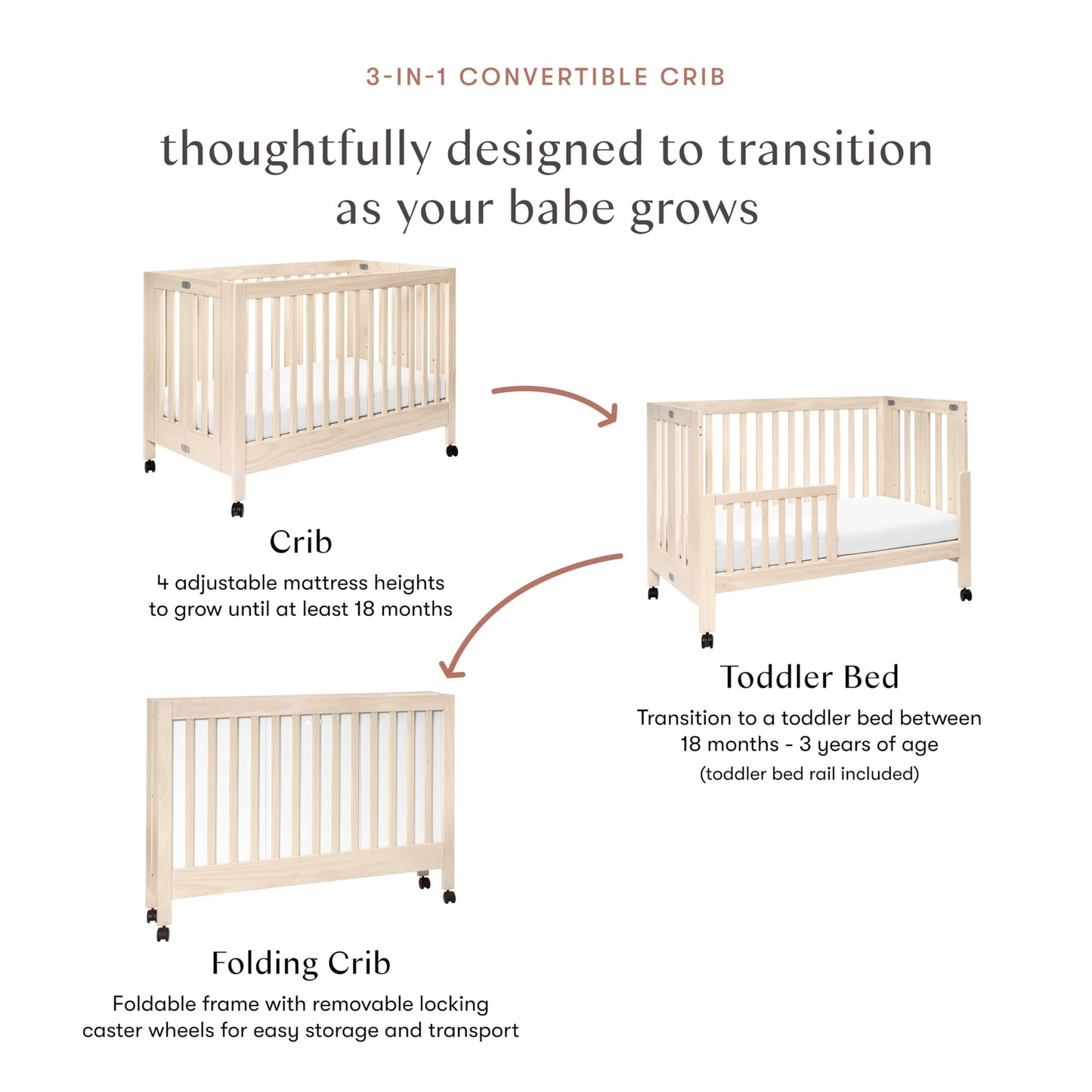 Babyletto Maki Full-Size 2-in-1 Portable Folding Crib with Toddler Bed Conversion Kit in Washed Natural, Greenguard Gold Certified