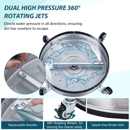Pressure Washer Surface Cleaner w/Handles & Wheels, Stainless Steel Concrete Cleaner 4000 Max PSI, 3/8" Connector & 1/4" Adapter Power Washer Floor Attachment for Driveways, Sidewalks,Patios,Deck