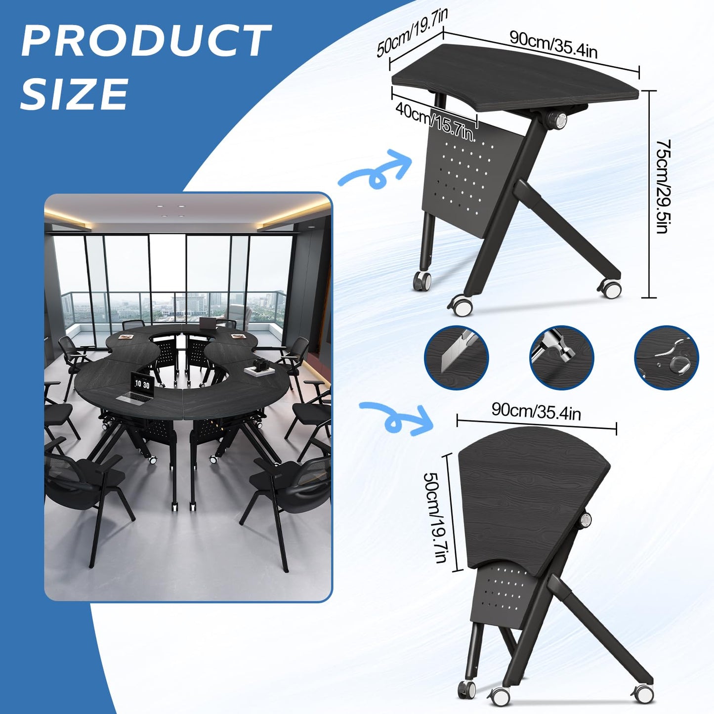 JFazzruit Folding Conference Table,Fan-Shaped Conference Room Tables with Wheels, Mobile Modular Seminar Meeting Desk for Classrooms,Office & Seminar (4, Fan-Black)