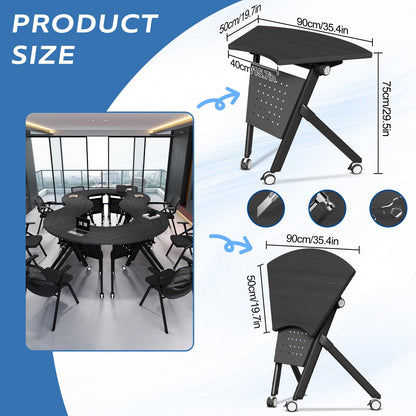 JFazzruit Folding Conference Table,Fan-Shaped Conference Room Tables with Wheels, Mobile Modular Seminar Meeting Desk for Classrooms,Office & Seminar (4, Fan-Black)
