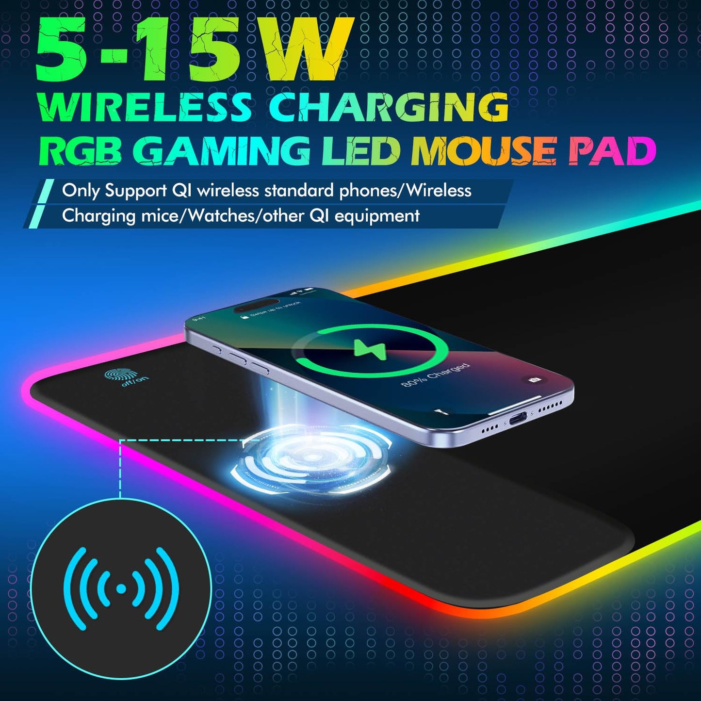 ToLuLu RGB Gaming Wireless Charging Mouse Pad, 5/7.5/10/15W 10 Light Modes LED Mouse Pad Computer Keyboard Mat Mousepad, 800x300x4MM Extended Large Desk Mat for Gaming, MacBook, Laptop, PC, Galaxy