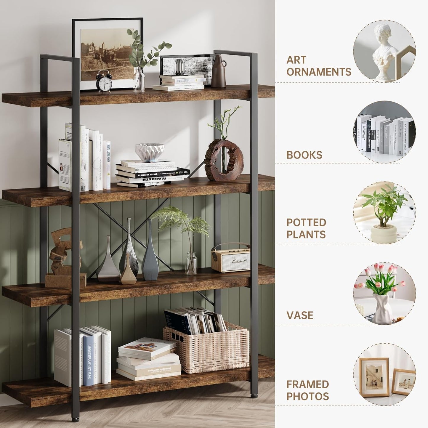 OtterOasis Bookshelf Set, Heavy Duty 4-Tier Industrial Bookcase, 47" Wide Wood Bookshelf for Home Office, 120lbs Shelf Capacity, Rustic Open Display with Horizontal Shelf for Living Room Bedroom