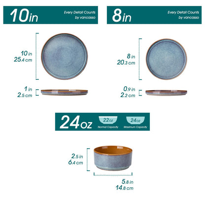 vancasso ONION Ceramic Dinnerware Sets, 12 Pieces Stoneware Plates and Bowls Sets for 4, Reactive Glaze Dishes Set for Kitchen, Dishwasher and Microwave Safe, Blue
