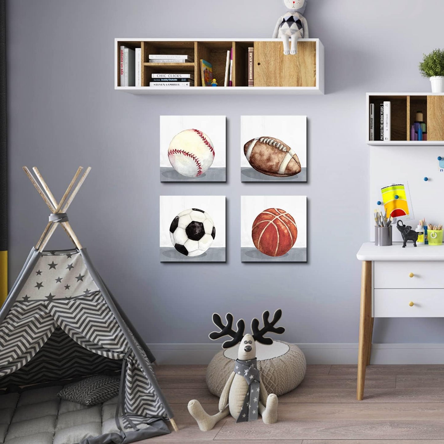 12x12" 4 Boys Room Wall Decor Sports Decor for Boys Bedroom Rustic Soccer Football Baseball Basketball Canvas Pictures