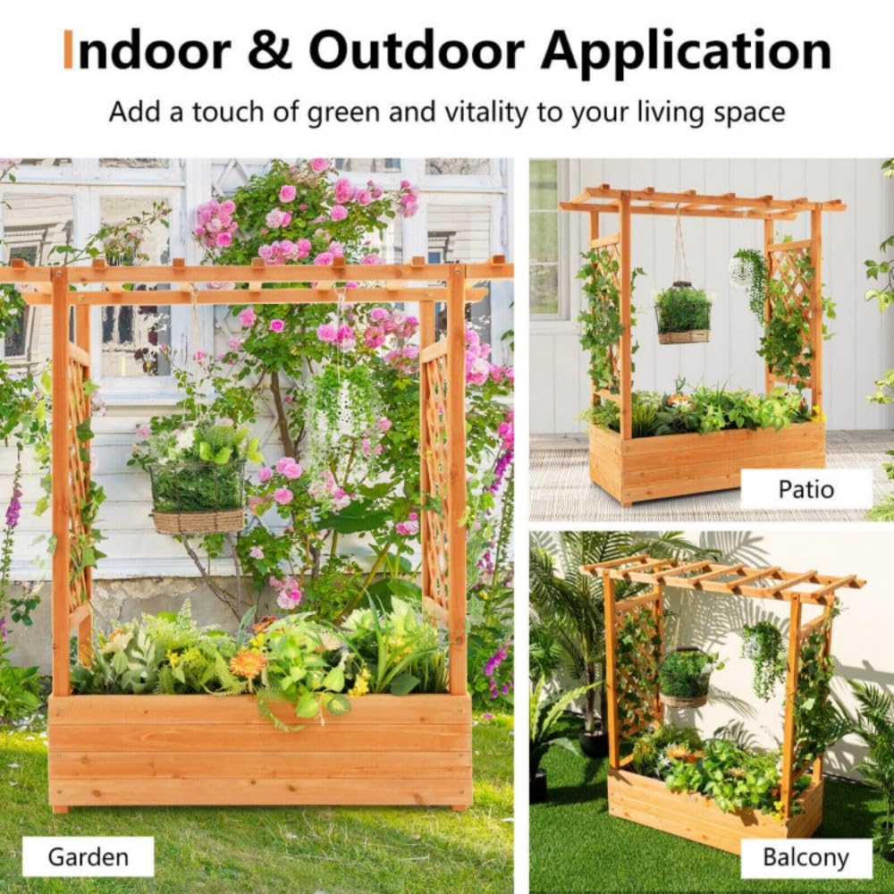 Wooden Raised Garden Bed Planter, Outdoor Planter Box with Trellis, Cedar Garden Planter with Climbing Frame, Patio Vertical Plant Growing Bed, Decorative Outdoor Plant Support Box
