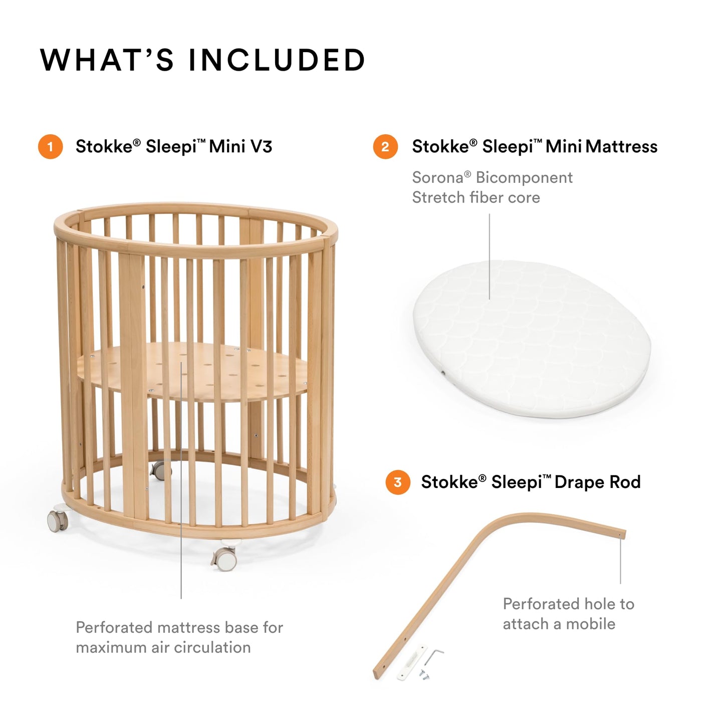 Stokke Sleepi Mini Bundle V3, Natural - Includes Sleepi Mini V3, Mattress & Drape Rod - Suitable for Ages 0-6 Months - Adjustable & Stylish