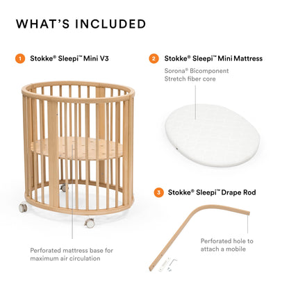 Stokke Sleepi Mini Bundle V3, Natural - Includes Sleepi Mini V3, Mattress & Drape Rod - Suitable for Ages 0-6 Months - Adjustable & Stylish