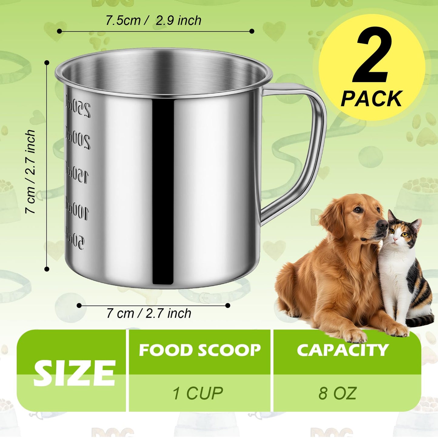 Ashmacdo 2 Pcs Dog Food Scoop 1 Cup,304 Stainless Steel Measuring Cups with Handle Pet Food Scoop Cup Measuring Scoop for Dogs, Cats, Birds & Rabbits – Ideal for Dry Food & Treats (1 CUP)