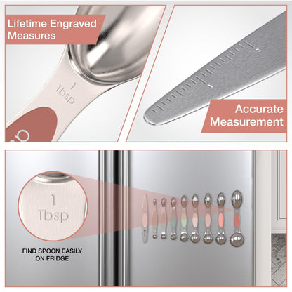 CuttleLab Magnetic Measuring Spoons Set - Stainless Steel, Double Ended, Stackable & Nested Design for Dry and Liquid Ingredients, Ideal for Spice Jars, 9-Piece Set with Leveler (Country Chic)