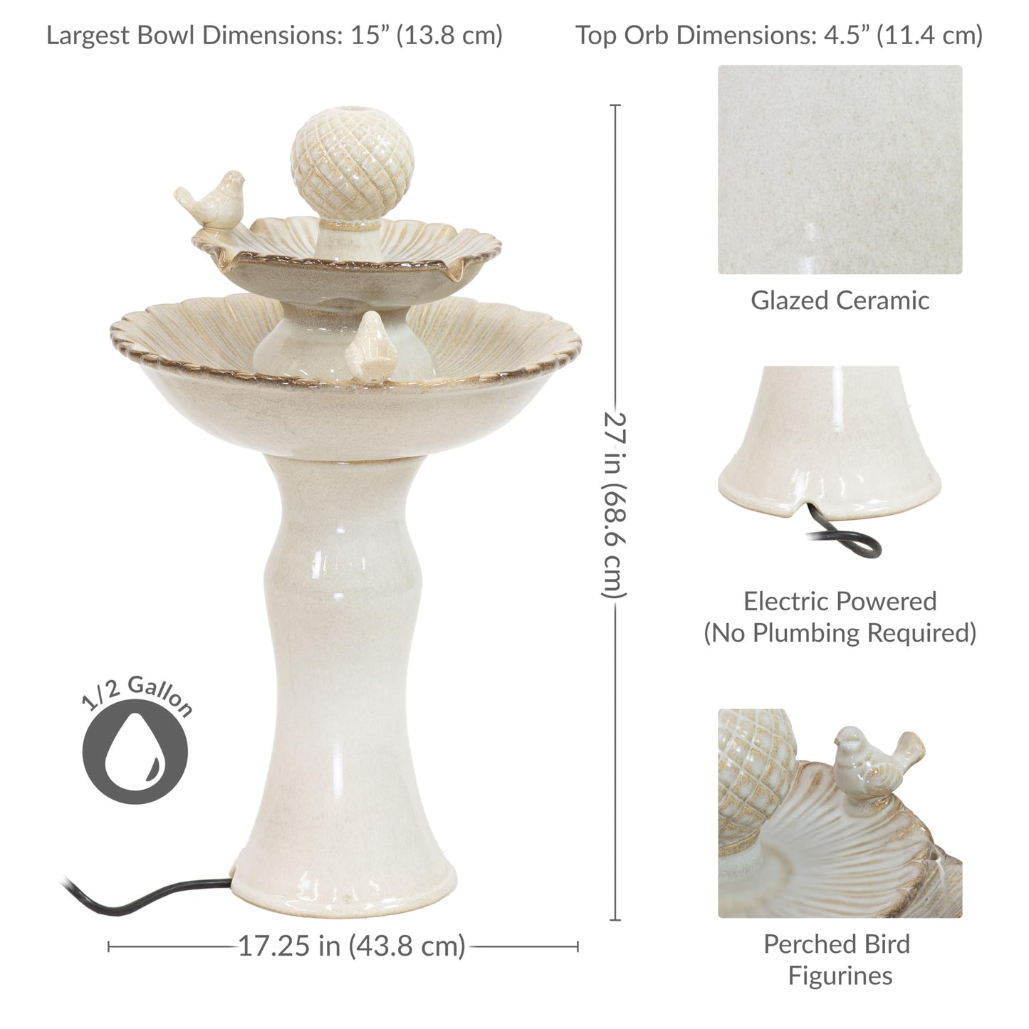 Sunnydaze 27" H 2-Tier Ceramic Water Fountain - Outdoor Water Feature for Patio, Yard, Balcony - Garden Fountain - White