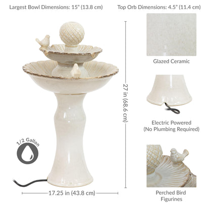 Sunnydaze 27" H 2-Tier Ceramic Water Fountain - Outdoor Water Feature for Patio, Yard, Balcony - Garden Fountain - White
