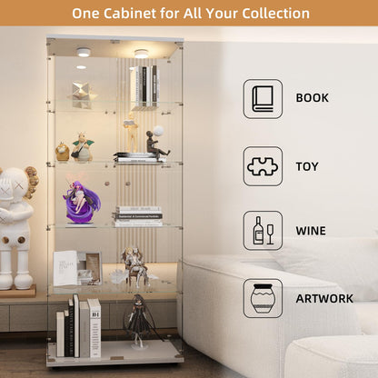 Beauty4U Glass Display Cabinet with Lights, 5 Shelves with 2 Doors, Curio Cabinets for Living Room, Bedroom, Office, White Floor Standing Glass Bookshelf, Quick Installation