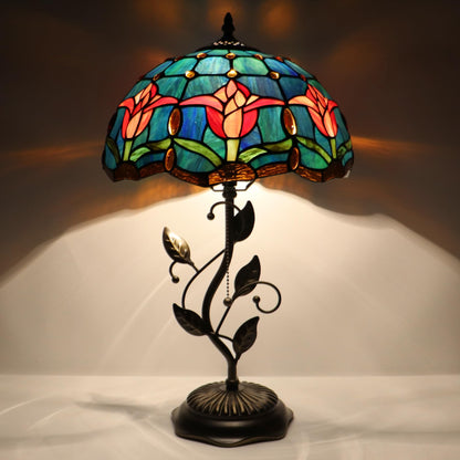 LXHCYOU Tiffany Table Lamp, Stained Glass Desk Light, W12H19 Inch, Metal Leaf Base (Tulip Style)