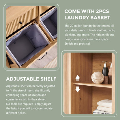IFBUY Triple Tilt Out Laundry Hamper Cabinet, Modern Fluted Trash Can Cabinet with 3 Drawers, 20 Gallon Hidden Garbage Can Cabinet w/Laundry Basket & Adjustable shelf for Bathroom,Kitchen, Natural Oak