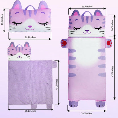 Wizland Kids Sleeping Bag Girls Daycare Mat Flannel Kitty Nap Preschool Rest Mats-Kindergarten, Fluffy Warm Portable Pink Nap Thick Nap Roll for Toddlers-61.8"×28.3"