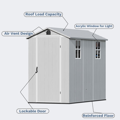 Devoko 4×8 FT Resin Storage Shed with Floor, Garden Plastic Outdoor Shed with Window and Lockable Door, Waterproof Outside Tool shed for Backyard Patio, Light Grey
