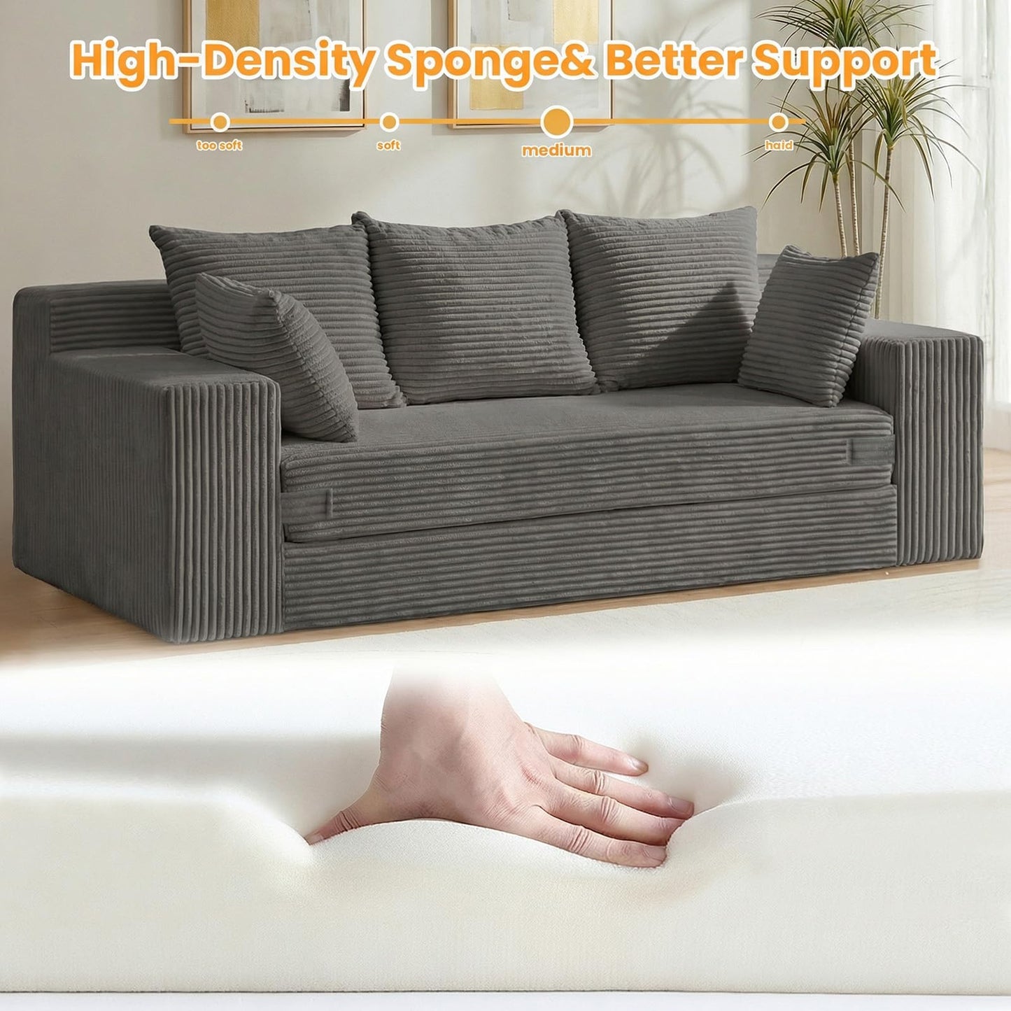 Winzoo Oversized Boneless Loveseat, 3 Seater Pull Out Convertible Sofa Bed, 70" Gray Boneless Couch Fold Out Floor Couch Sleeper Sofa with 5 Pillows for Living Room Bedroom Lounge Small Space