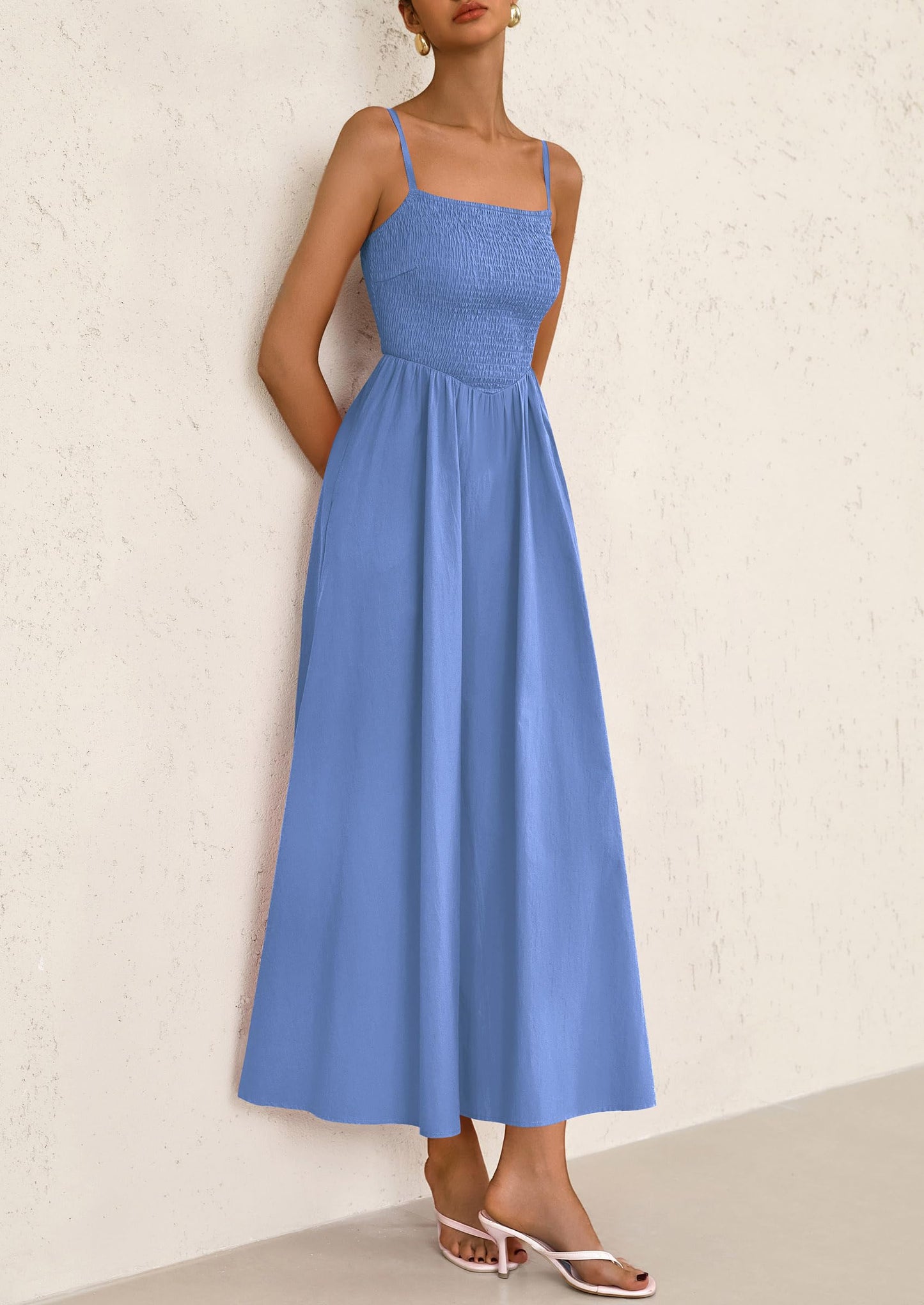 PRETTYGARDEN Women's Smocked Maxi Dresses 2025 Summer Beach Sundress Casual Spaghetti Strap Swing A Line Long Flowy Dress (Blue,Small)