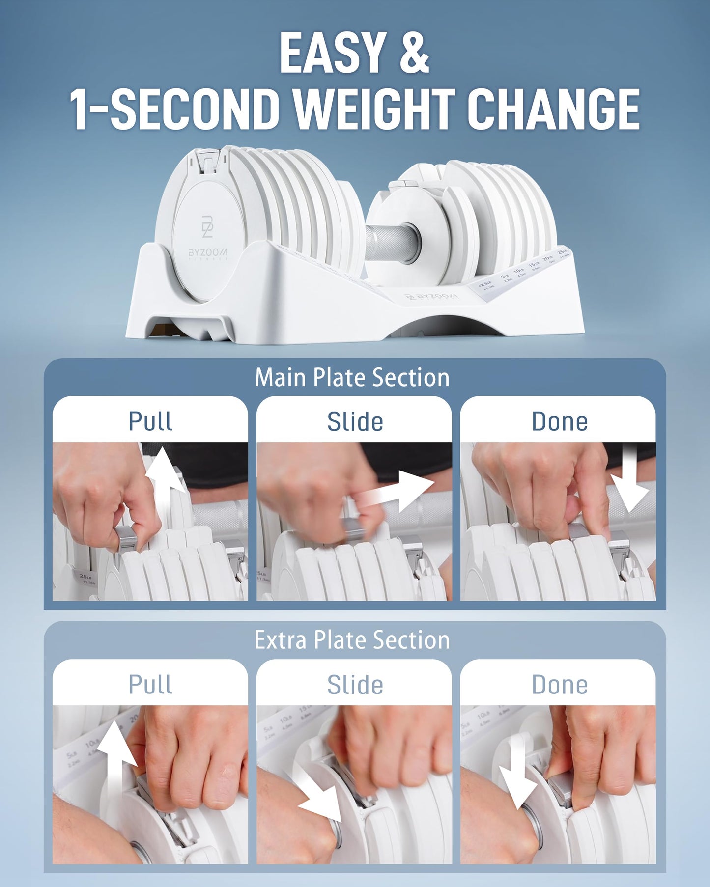 BYZOOM FITNESS Pure Series Adjustable Dumbbell 27.5LB Pair Set of 2 - 10-in-1 Adjustable Weights with Precision Micro Plates, for Strength Training & Fitness Workouts at Home Gym, Garage Gym, Small Apartments, White