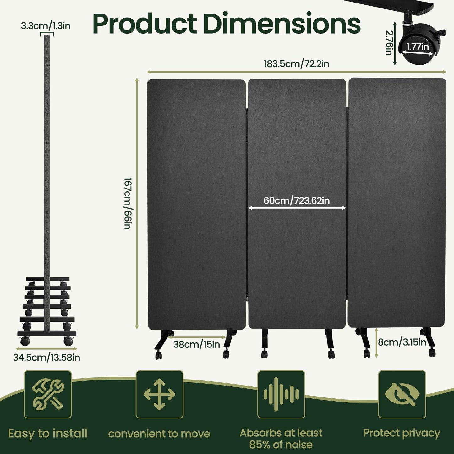 Room Divider with Wheels 72x66 Inch, 3 Panel Folding Privacy Screen, Portable Sound Proof Partition Wall for Office Studio School Hospital, Freestanding Temporary Wall on Casters, Dark Grey