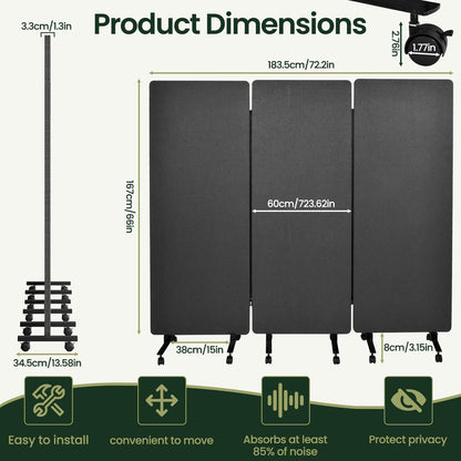 Room Divider with Wheels 72x66 Inch, 3 Panel Folding Privacy Screen, Portable Sound Proof Partition Wall for Office Studio School Hospital, Freestanding Temporary Wall on Casters, Dark Grey