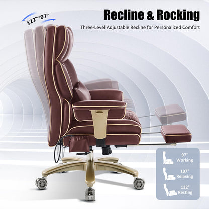 Executive Desk Chir with Adjustable Air Back Support, Luxury Ergonomic PU Leather Office Chair with Lumbar Massage High-Back 3-Level Tilt 360° Swivel Silent Wheels Height Adjustment,Footrest, Brown