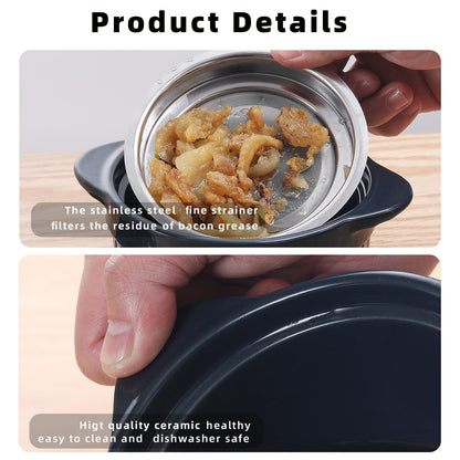 ONTUBE Ceramic Bacon Grease Container Keeper with Strainer, Frying Oil Storage Can 17 oz, Navy