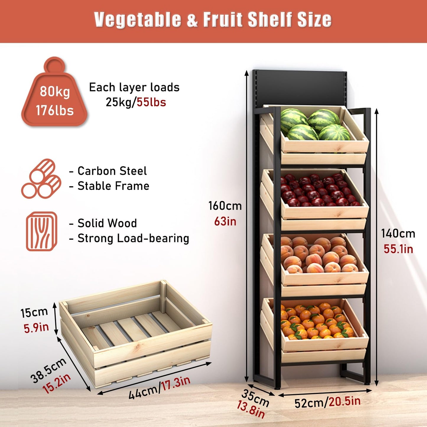 ZJKXJH 4 Tier Wood Fruit and Vegetable Basket Stand Rack, Commercial Produce Potatoes and Onions Floor Storage, Detachable Supermarket Retail Display Holder/Wine Shelf(Black Rack+Wooden Basket)