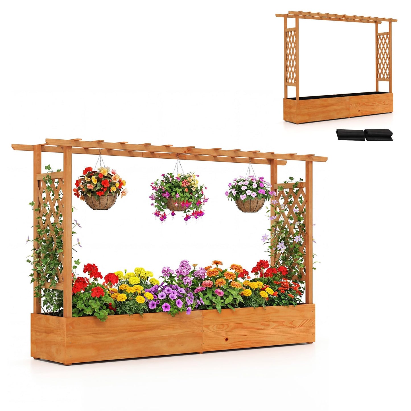 LDAILY Raised Garden Bed with Trellis, Above Ground Garden Bed with Hanging Roof, Side Trellis, & 6 Drainage Holes, Planter Box for Outdoor Climbing Plants Vines Flowers