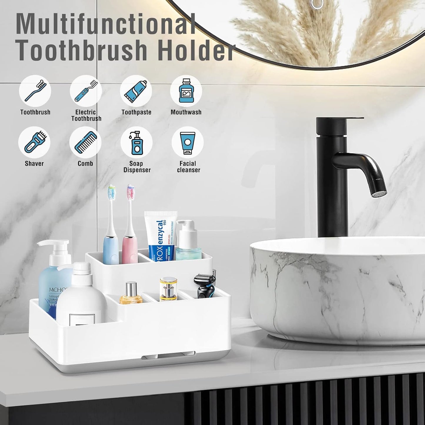 Electric Toothbrush Holder, Detachable Non-Slip Bathroom Organizer with 6 Compartments and Drainage Holes