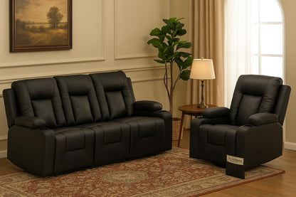 LUCKLIFE Leather Recliner Sofa Set with Manual Recliners,Living Room Furniture Set with Reclining Couch,Loveseat and Armchair,Living Room Chair with Cup Holders,Black (3+1)