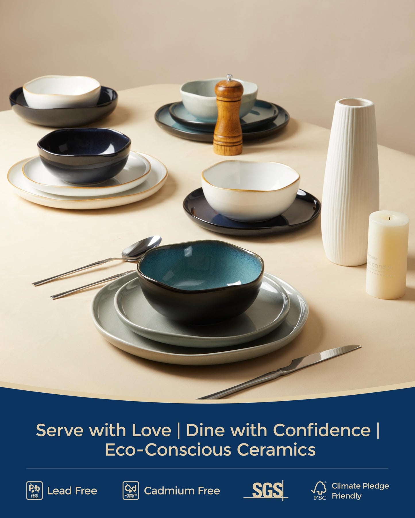 Pokini Extra Large Dinnerware Set for 12, 36 Pieces Ceramic Plates and Bowls Set, Kitchen Dish Set, Microwave & Dishwasher Safe Dishware, Ocean-Inspired Stoneware for Big Gatherings, Starry Blue