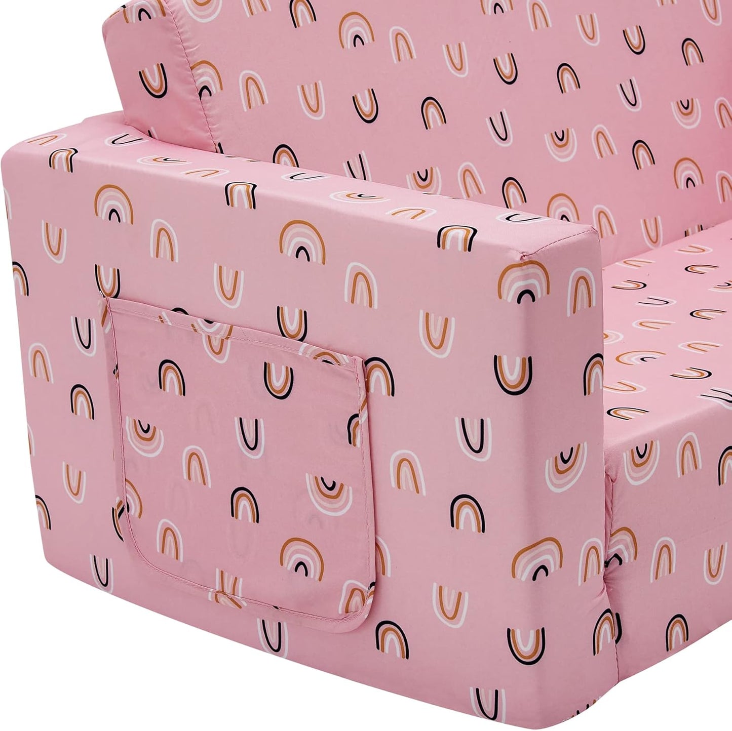 2-in-1 Ulax furniture Kids Fold Out Couch Children Convertible Sofa to Lounger with Soft Plush Fabric(Pink Rainbow)