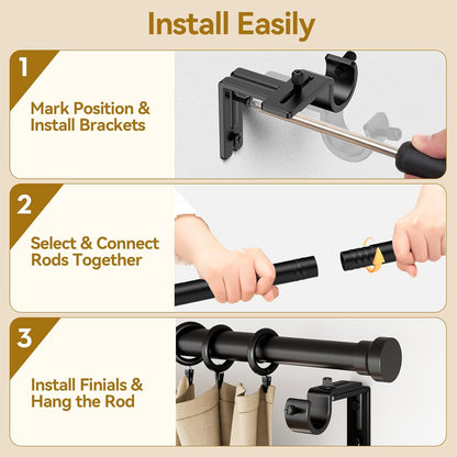 YaFex Curtain Rods - Heavy Duty 1 Inch Adjustable Window Treatment Rods | 32-118 Inch, Modern Black Design