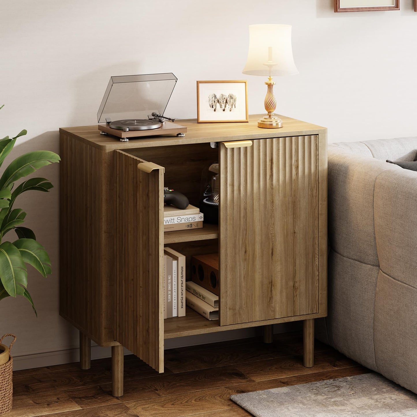 Sideboard Buffet Cabinet with Storage, Modern Fluted Accent Credenza with Doors & Adjustable Shelves, Wood Coffee Bar Console Table for Living Room, Dining Room, Kitchen or Entryway 31.5"(2pcs)Oak