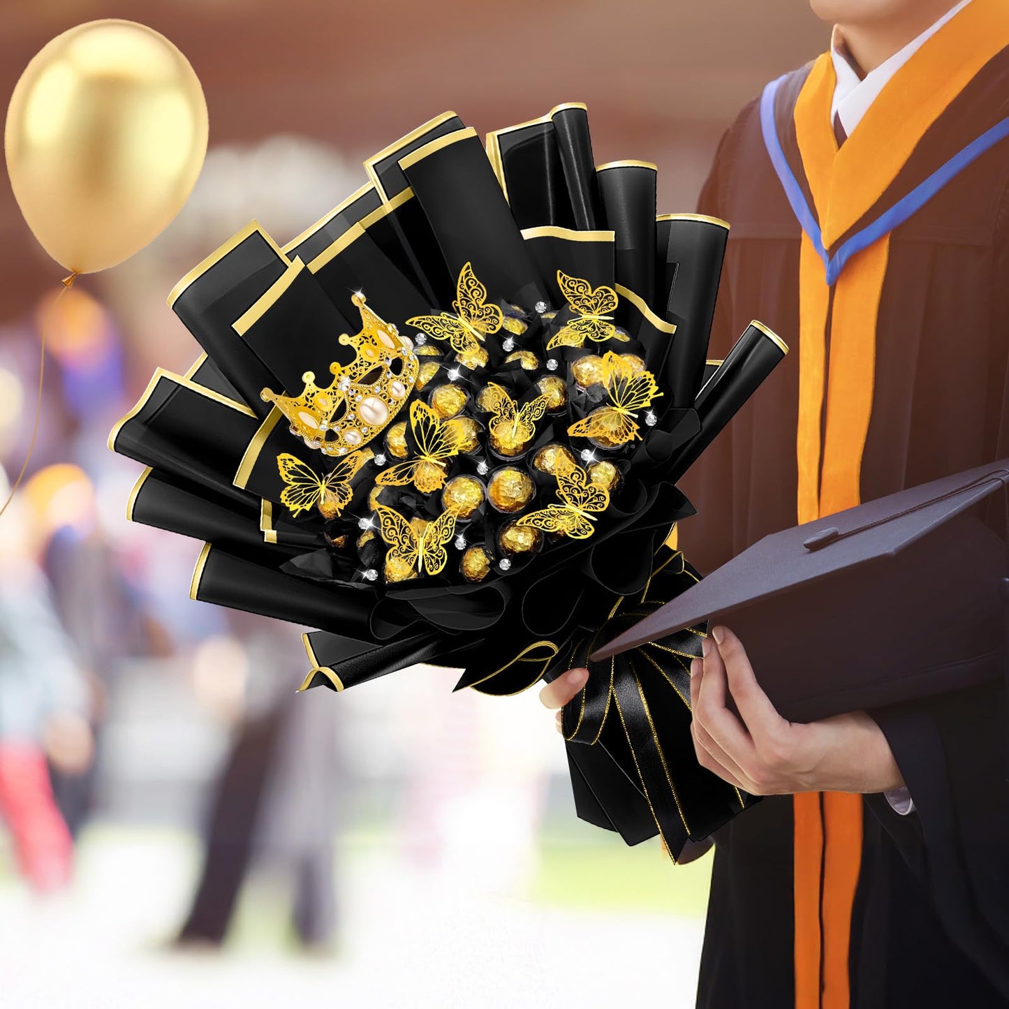 Funnymoom 109 Graduation DIY Chocolate Flower Bouquet Kit 2026 Candy Rose Clear Acrylic Lollipop Ball Holder Floral Wrapping Paper 3D Gold Butterfly Crown Ribbon Grad Gift(Black and Gold)