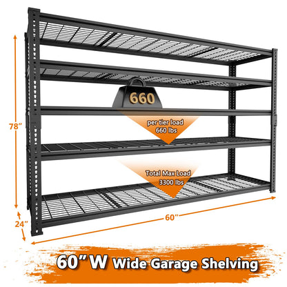 Storage Shelves Heavy Duty, 2 PCS 60" L x 24" W x 78" H Garage Wire Shelving Unit Loads 3300LBS, 5-tier Adjustable Metal Industrial Utility Shelf Rack for Kitchen, Laundry Room, Warehouse, Basement