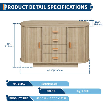 47" Fluted Sideboard Buffet Cabinet, Modern 60" Buffet Table with 4 Drawers and 2 Arched Sliding Doors, Coffee Bar Storage Console Cabinet, Accent Table for Dining Living Room, Hallway- Natural Oak