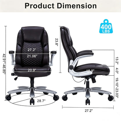 ZLHECTO Big and Tall Office Chair, Ergonomic Desk Chair with Flip-up Arms, PU Leather Office Chair for Home Office, Computer Chair with Adjustable Lumbar Support, Space Saving Executive Task Chair