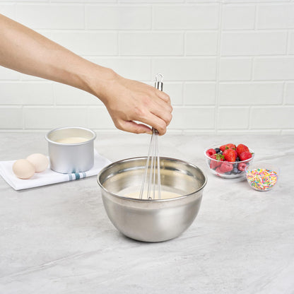 Restaurantware 10.5 in Stainless Steel Ball Whisk - German Standard Egg Beater with Ergonomic Handle, Dishwasher Safe - Manual Mixer Cooking Whisk for Baking, Stirring, Sauces, Beating
