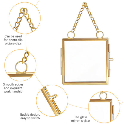 Orepzinc 4 Pcs Mini Brass Wall Hanging Photo Frame, Square Glass Hanging Picture Artwork Display Frame, Double Glass Floating Frame Style Gallery Wall for Picture, Pressed Flower (3.5x3.5 inch)
