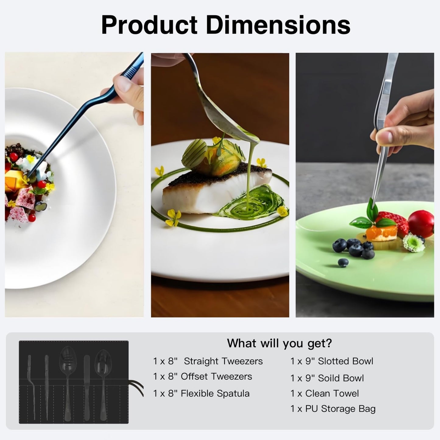 Professional Chef Tools | Plating Tools Culinary Set | Piece Culinary Tool Set | Premium Stainless Steel Chef's Plating Tool Set | Kitchen Tweezers & Fish tongs & Spatula & Slotted Spoon (Black) (5)