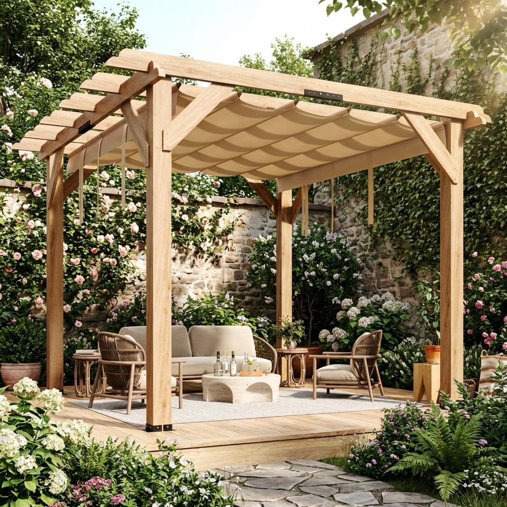 GAOMON 10x10Ft Wood Pergola with Retractable Canopy, Outdoor Patio Pergola with Sun Shade Cover, Durable & Rot Resistant, Cedar Wood Pergolas and Gazebos, for Patio, Deck, Garden