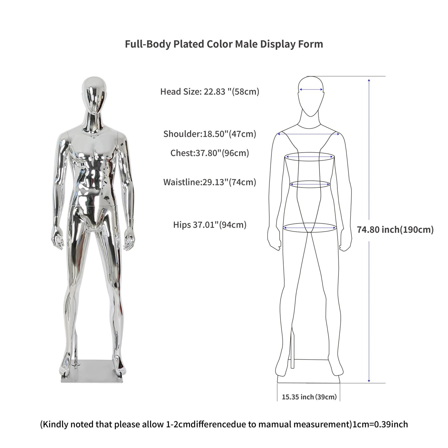 Full Body Male Mannequin with Chrome Metallic Finish, Fiberglass Abstract Dress Form with Posable Head, Futuristic Retail Display Dummy with Metal Base for Men's Fashion Window(Rose Gold)