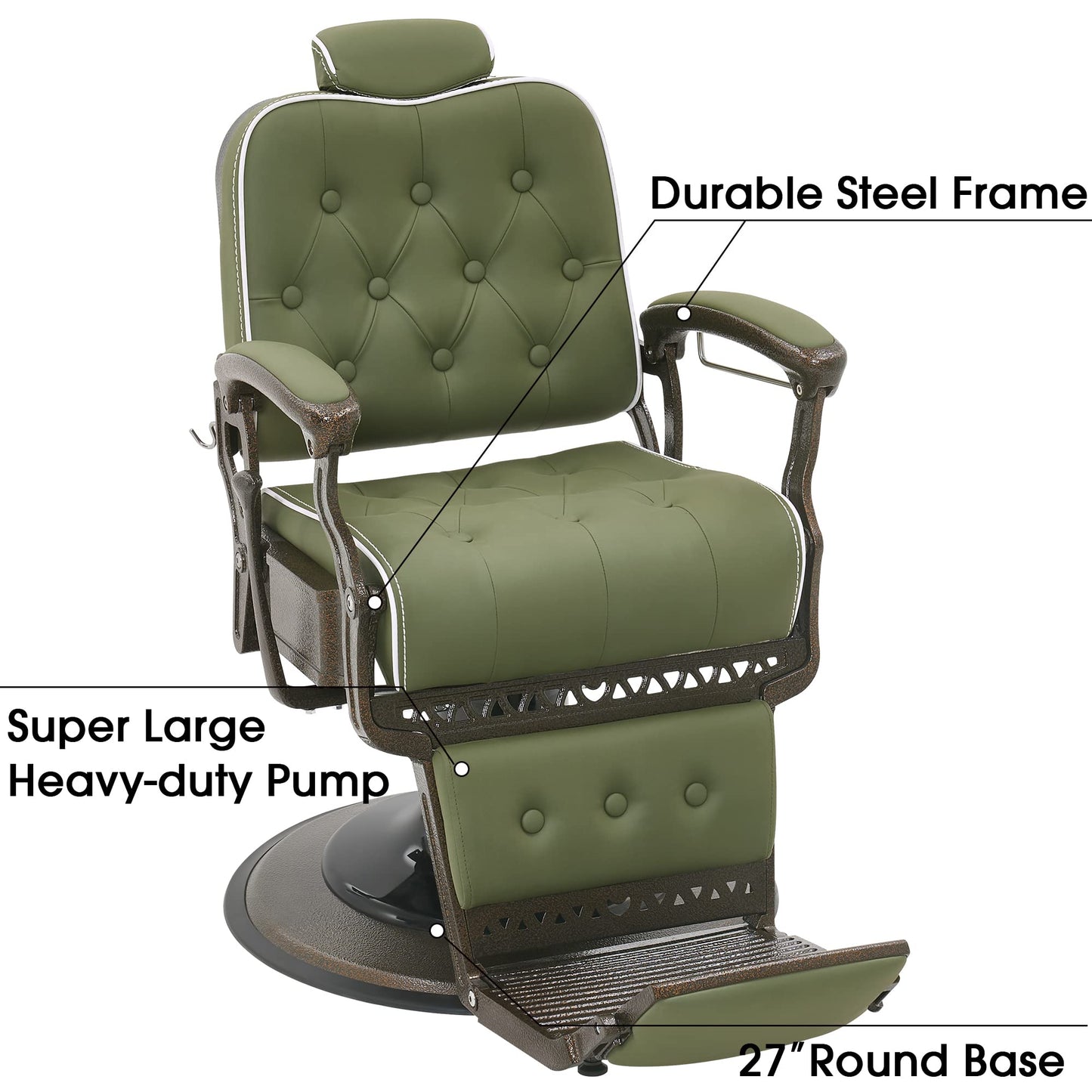 BarberPub Heavy Duty Metal Vintage Barber Chair All Purpose Reclining Hydraulic Pump Salon Beauty Spa Chair Hair Styling Equipment 9218 (Green)