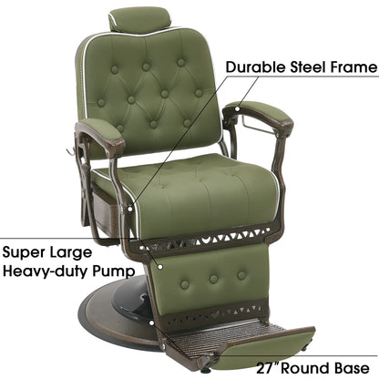 BarberPub Heavy Duty Metal Vintage Barber Chair All Purpose Reclining Hydraulic Pump Salon Beauty Spa Chair Hair Styling Equipment 9218 (Green)