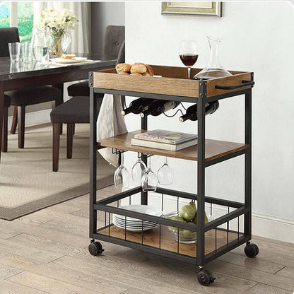 Storage Rack Serving Cart 3-Tiers Serving Trolley with Lockable Wheels & Removable Serving Tray, Rolling Bar Cart with Wine Rack & Glass Holder, for Home, Dining Room,26''Dx16''Wx35''H,Brown